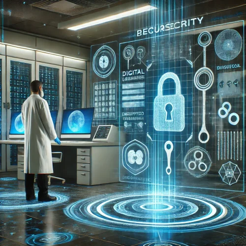 DALL·E 2025-01-17 11.36.01 - A futuristic hospital environment with advanced cybersecurity measures. Digital locks, biometric scanners, and encrypted data screens protect patient